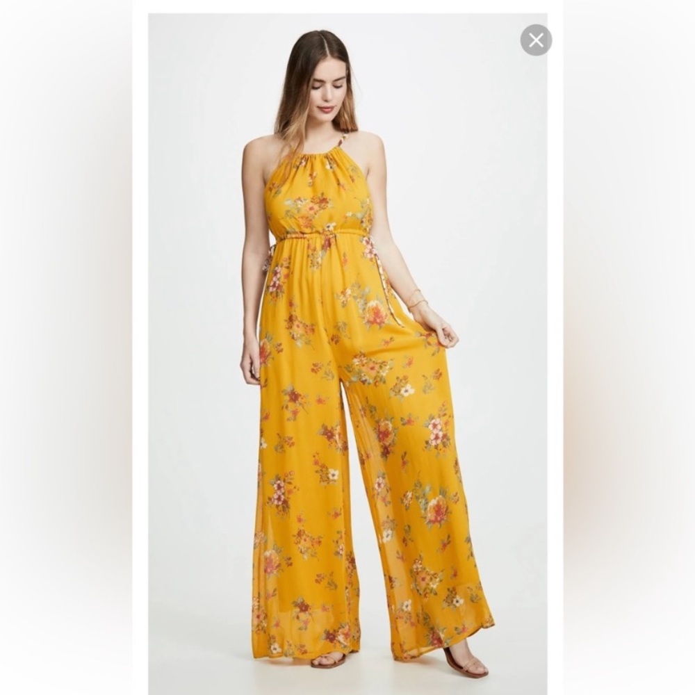 Free People Yellow Floral Jumpsuit with Sweetheart Neckline